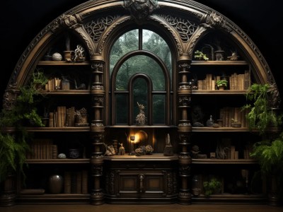 Fantasy Library With Tall Satchel And A Lot Of Plants