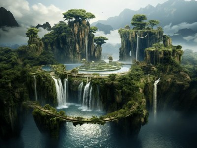 Fantasy Style Water Falls That Is Covered With Trees