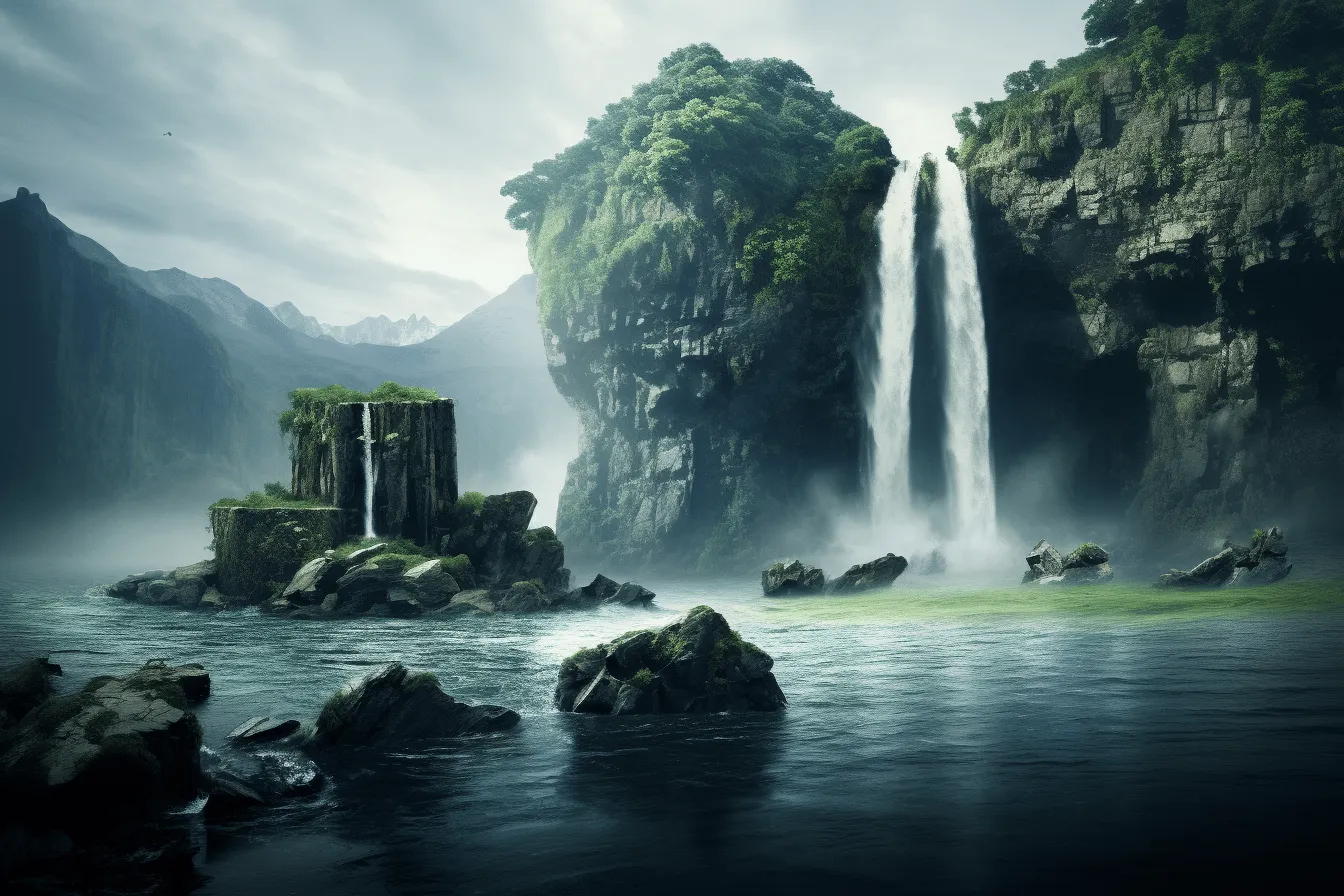 Waterfall next to a rock formation in water, epic fantasy scenes, delicately rendered landscapes, terragen, historical imagery, dark white and green, romantic: dramatic landscapes, epic landscapes