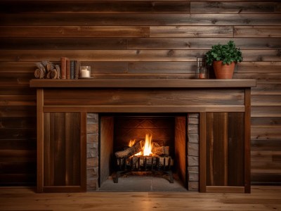 Fire Place With Wood Paneling And A Stoked Fire