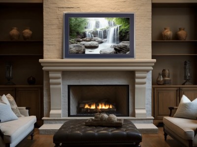 Fireplace In A Living Room With A Waterfall Framed In Gold