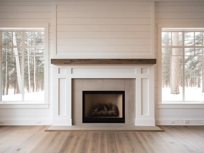 Fireplace In A Warm White House With Windows Behind It