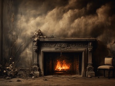 Fireplace In An Old Room With A Cloud