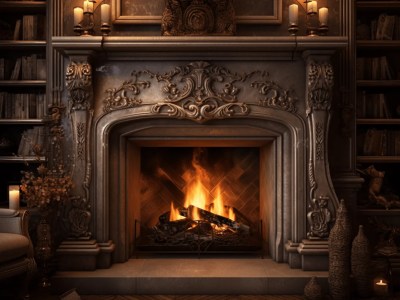 Fireplace In An Ornate Room Has Fire And Candles