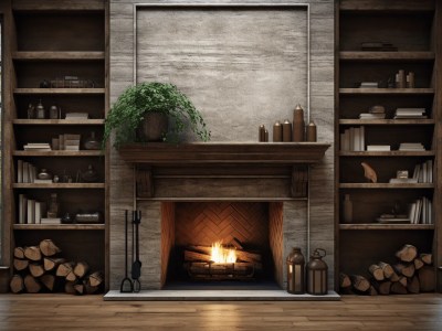 Fireplace In Front Of A Couple Of Shelves