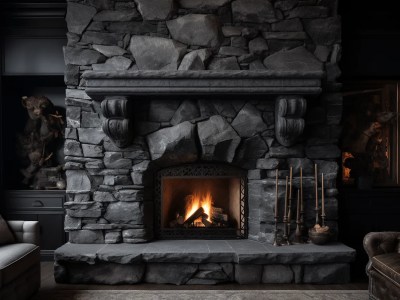 Fireplace Made From Stone Surrounds A Dark Living Room