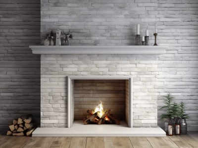 Fireplace With A Log And Stones In White Brick