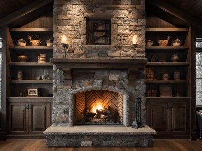 Fireplace With A Mantel, Bookshelves, And A Wood