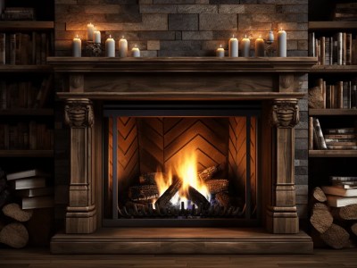 Fireplace With Bookshelf In A Cozy, Dark Room