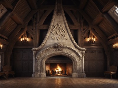 Fireplace With Many Wooden Beams In It