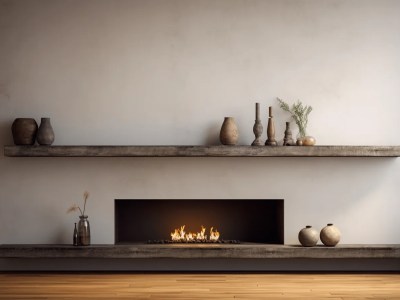 Fireplace With Shelves And A Wood Plank As Wall Stock Photo