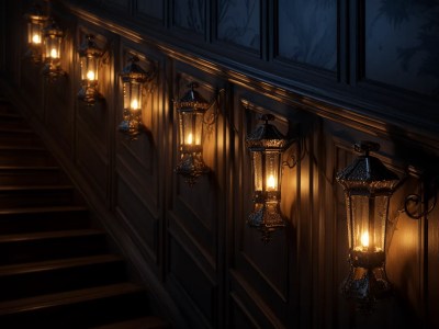 Five Candle Lanterns On The Steps With A Dark Room