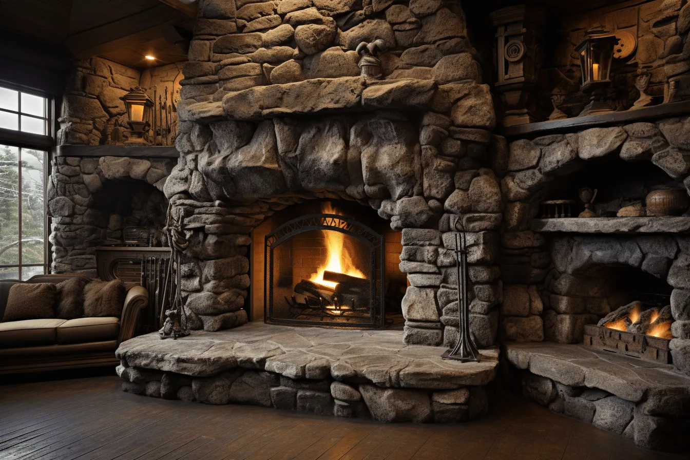 Stone fireplace mantel for log cabin decorating, unreal engine 5, national geographic photo, dark atmosphere, disney animation, curvilinear, distinctive character design, detailed naturalism