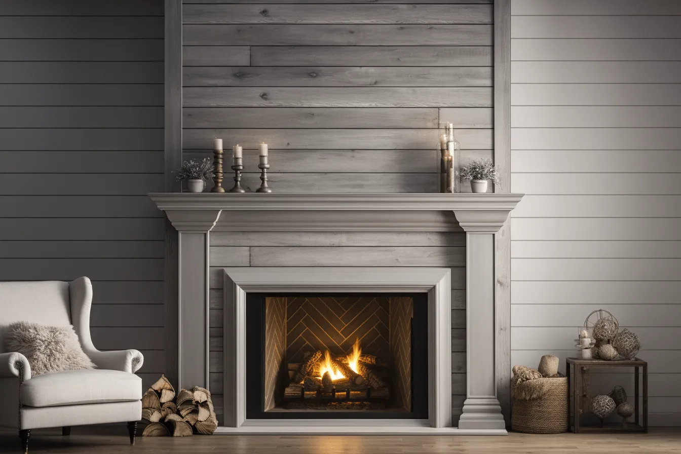 Fireplace with a white plate and candles, light brown and gray, ambient occlusion, classic americana, varying wood grains, narrative paneling, moody and tranquil scenes, gray