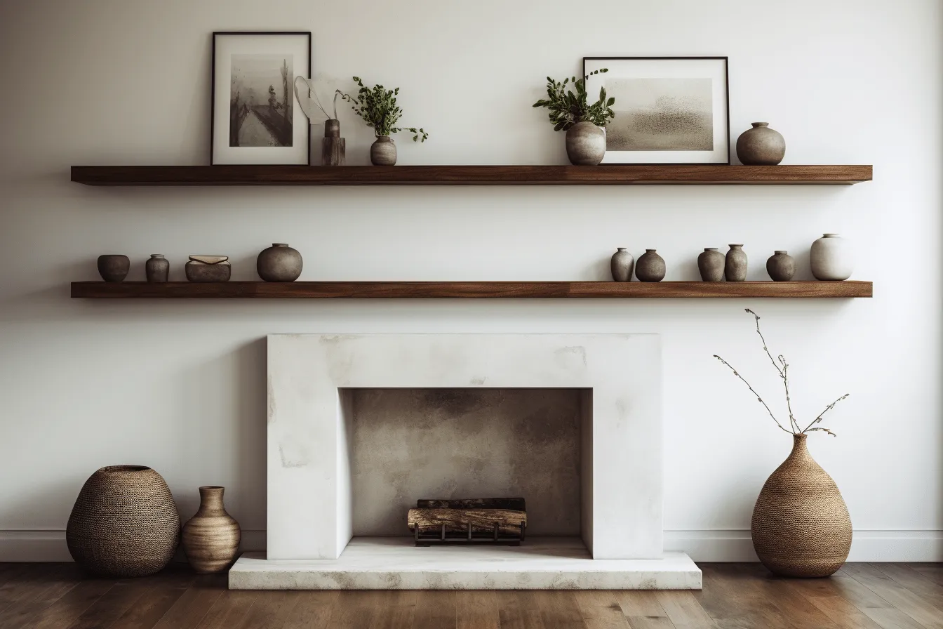 Wooden fireplace with pots and vases on the shelf, use of earth tones, ambient occlusion, american tonalism, expansive spaces, traditional techniques reimagined, natural light