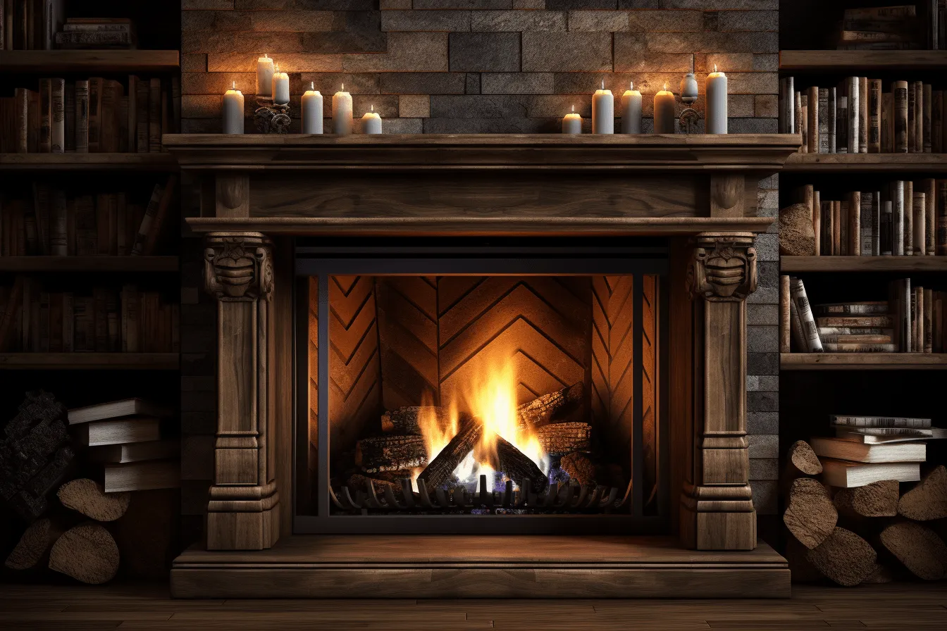 Fireplace with bookshelf in a cozy, dark room, hyper-realistic oil, masonry construction, luxurious textures, the san francisco renaissance., smokey background, varying wood grains, realistic perspective