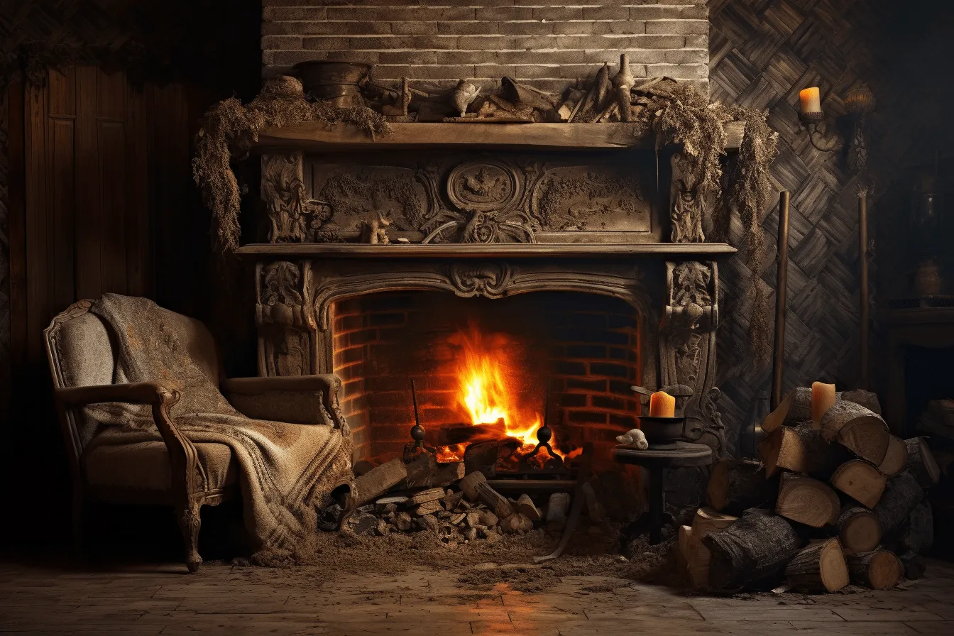 Fireplace surrounded by wood, frightful folklore, historical fiction, uhd image, use of vintage imagery, atmospheric ambience