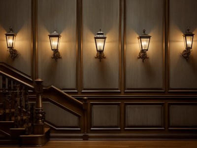 Four Antique Light Lamps On A Wall Next To Stairs