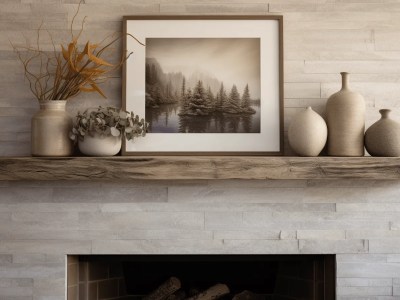 Frame With Branches Sitting On Top Of A Fireplace Mantel