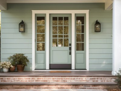 Front Door Of A Home Has Blue Paint And Porch Steps