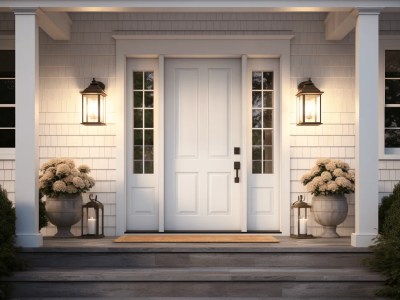 Front Door Of White Two Story Home With Porch Lighting And Potted Plants