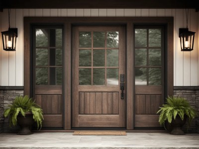 Front Entry Door Lighting With Wooden Doors And Plants