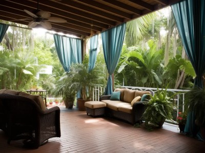 Front Porch Of A Tropical Home Has Blue Drapes