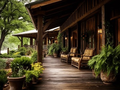 Front Porch Of A Wooden Ranch House With Benches And A Potted Garden