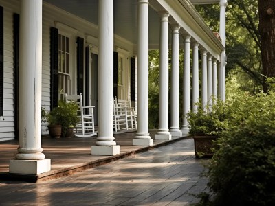 Front Porch Of An Old House With White Columns With Trees