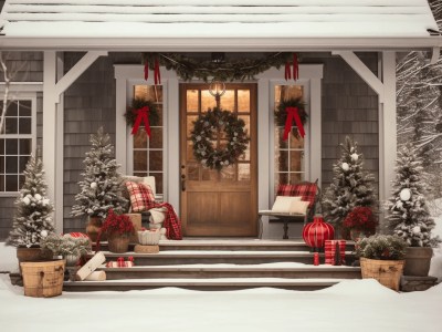 Front Porch With Snow And Christmas Decorations