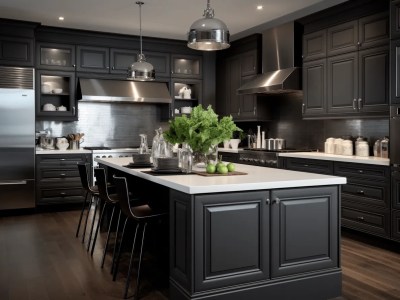 Fully Decorated Kitchen With Black Cabinets, Wood Floors And A Center Island