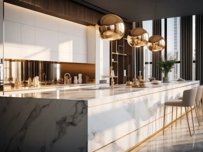 Futuristic Kitchen Design With Lights In Gold And Marble