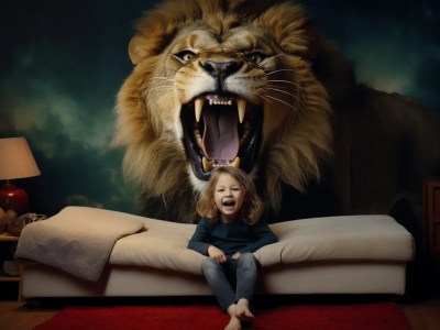 Girl Sitting On The Couch With An Angry Lion In Her Room