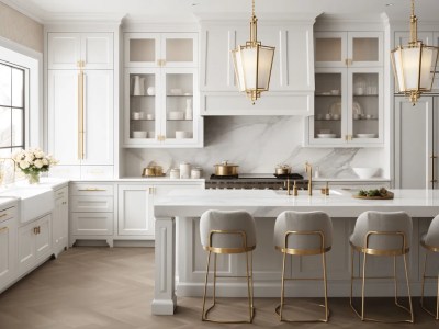 Glamorous Luxury Kitchen With White Cabinets And Gold Decorations