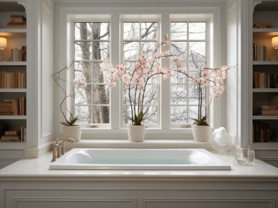 Glass Bookshelves Next To White Tub Sits In Front Of Windows With Flowers And Greenery