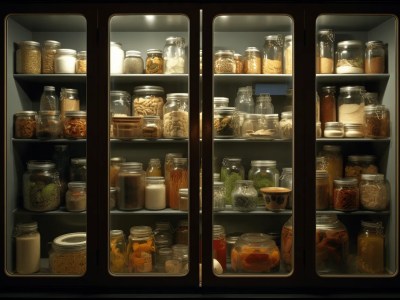 Glass Cabinet With Containers From Jars Filled With Different Foods