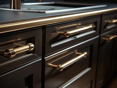 Golden Pulls On A Black Kitchen Cabinet