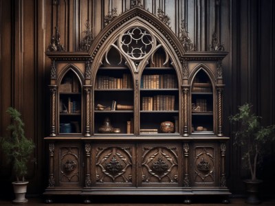 Gothic Wooden Bookcase In A Room