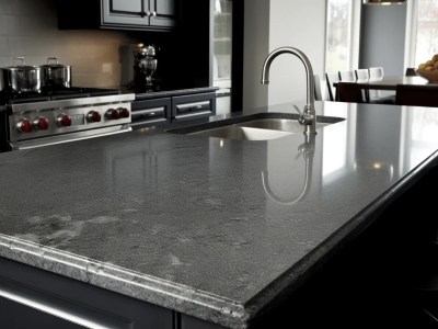 Gray Granite Kitchen Counter Top In A Black Kitchen