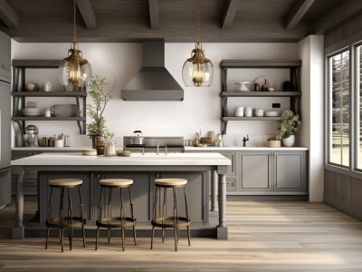 Gray Kitchen With A Center Island And Bar Stools