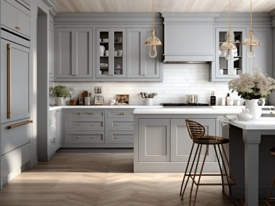 Gray Kitchen With Gold Bar Stools