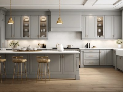 Gray Kitchen With Wooden Floors And Gold Stools