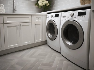 Gray Laundry Room With A White Washing Machine