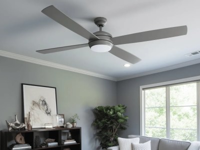 Gray Living Room With Gray Furniture And Ceiling Fan