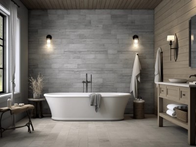 Gray Tile Bathroom Is In The Middle Of A Stone Wall