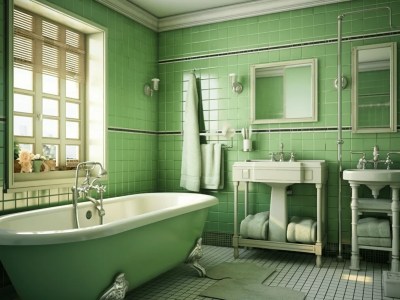 Green Bathroom With Large Tub And Sink