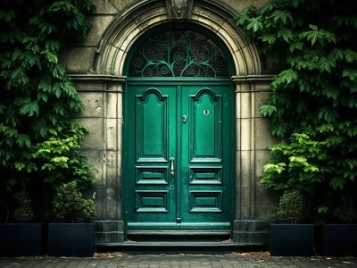 Green Door Is In An Ornate Building With Beautiful Plants Around It