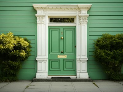 Green Door With White Wooden Columns And Trim