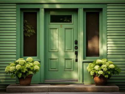 Green Front Door With Potted Plants