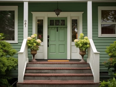 Green Front Door With Steps And Plants Near